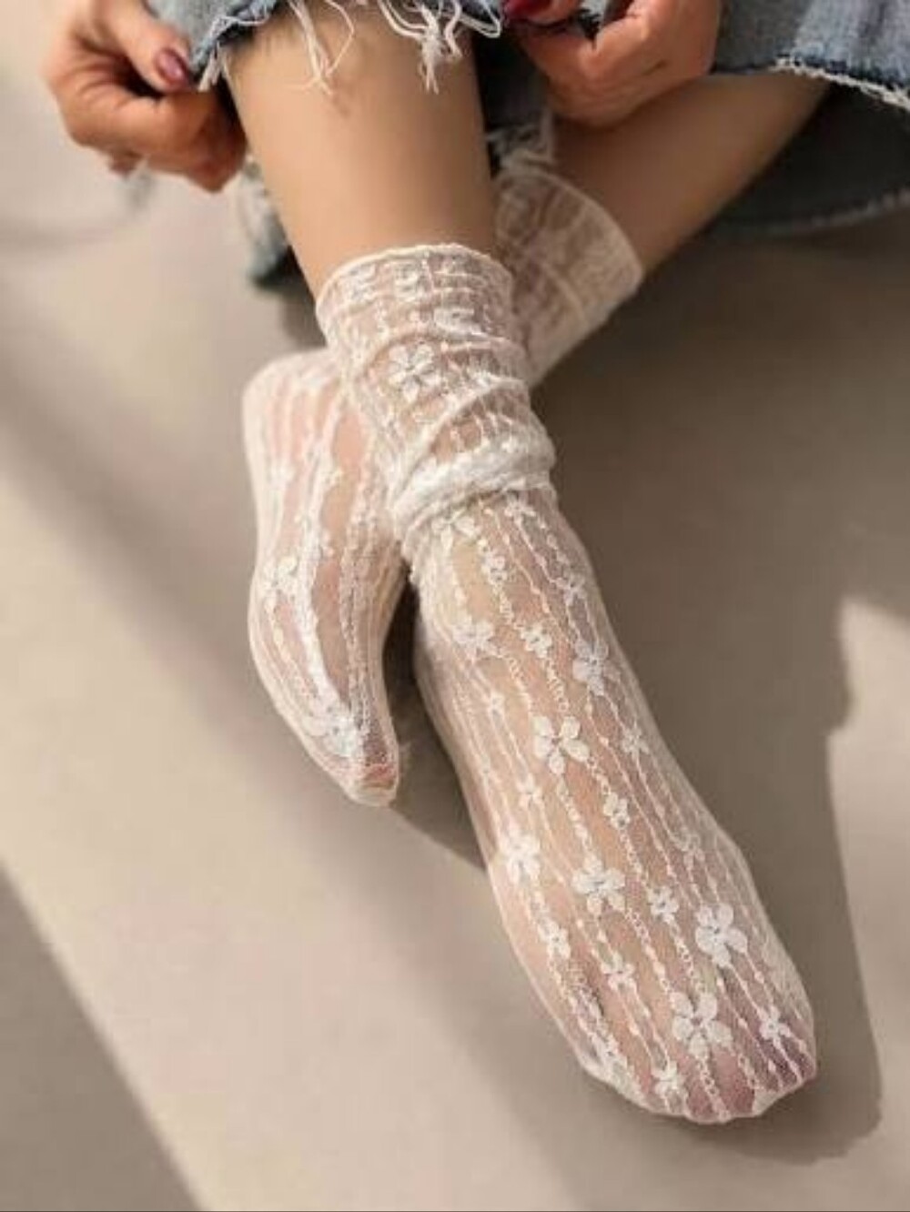 White Lace Sheer Socks Tulle Mesh Sexy Slouch Stocking - Picture 6 of 6